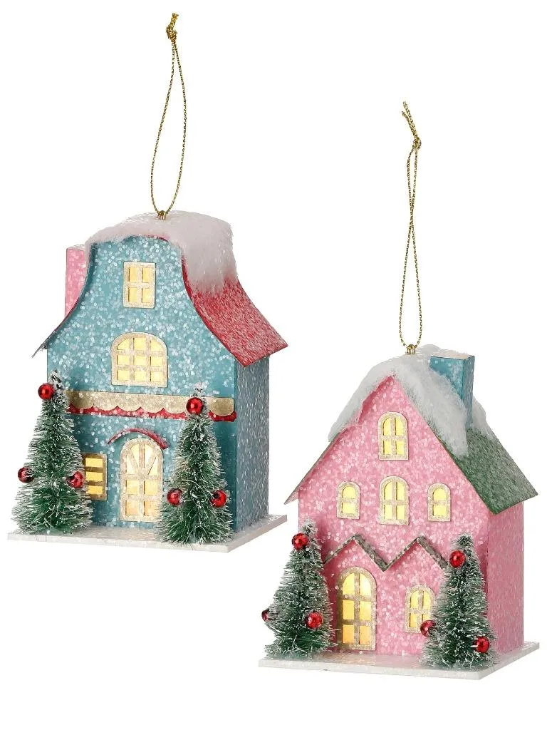 4" Pink and Blue Paper Putz Christmas Village House Ornament Set of 2