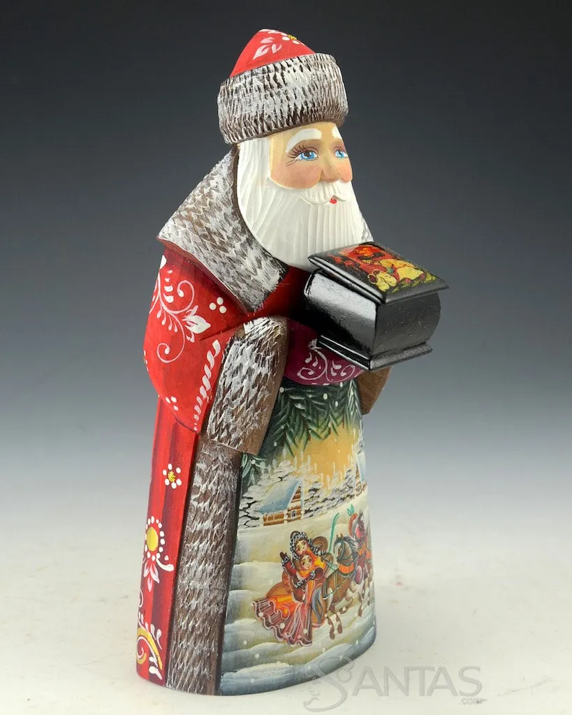 8 inch Red Russian Santa carving with troika scene and holding a lacquer box