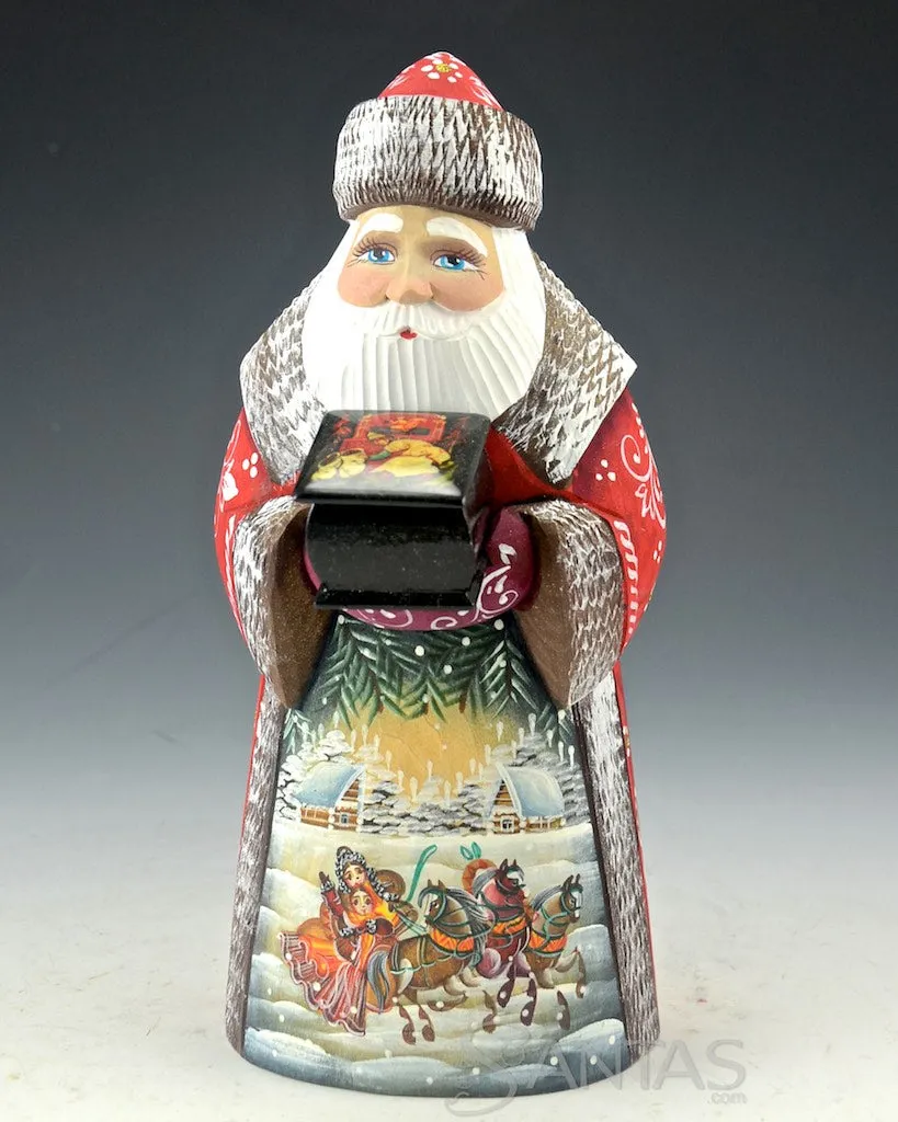 8 inch Red Russian Santa carving with troika scene and holding a lacquer box