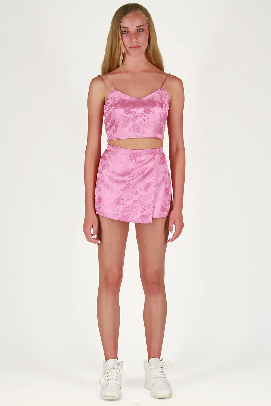 Adjustable Cami Top and Skorts - Pink Satin with Roses