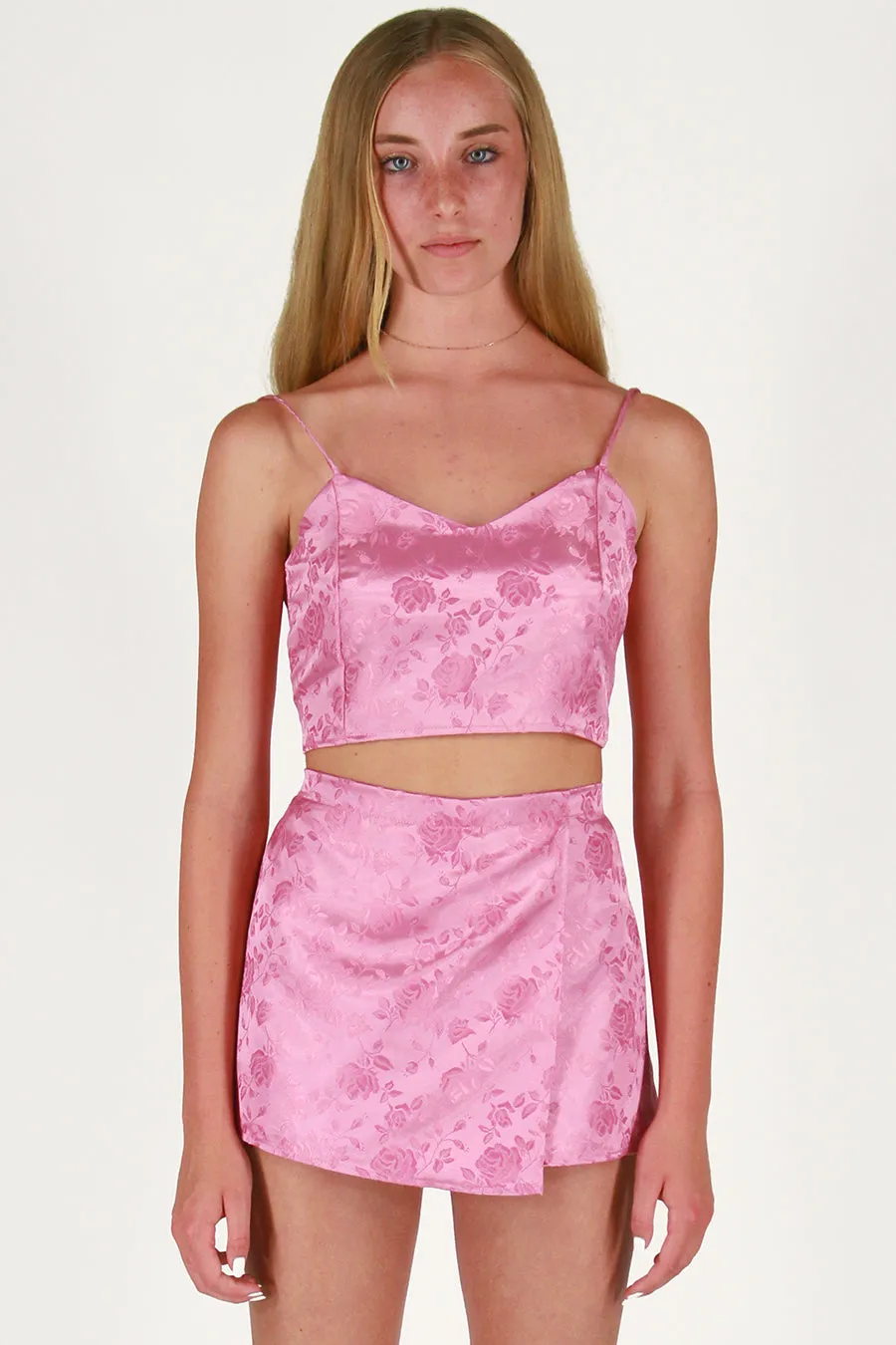 Adjustable Cami Top and Skorts - Pink Satin with Roses