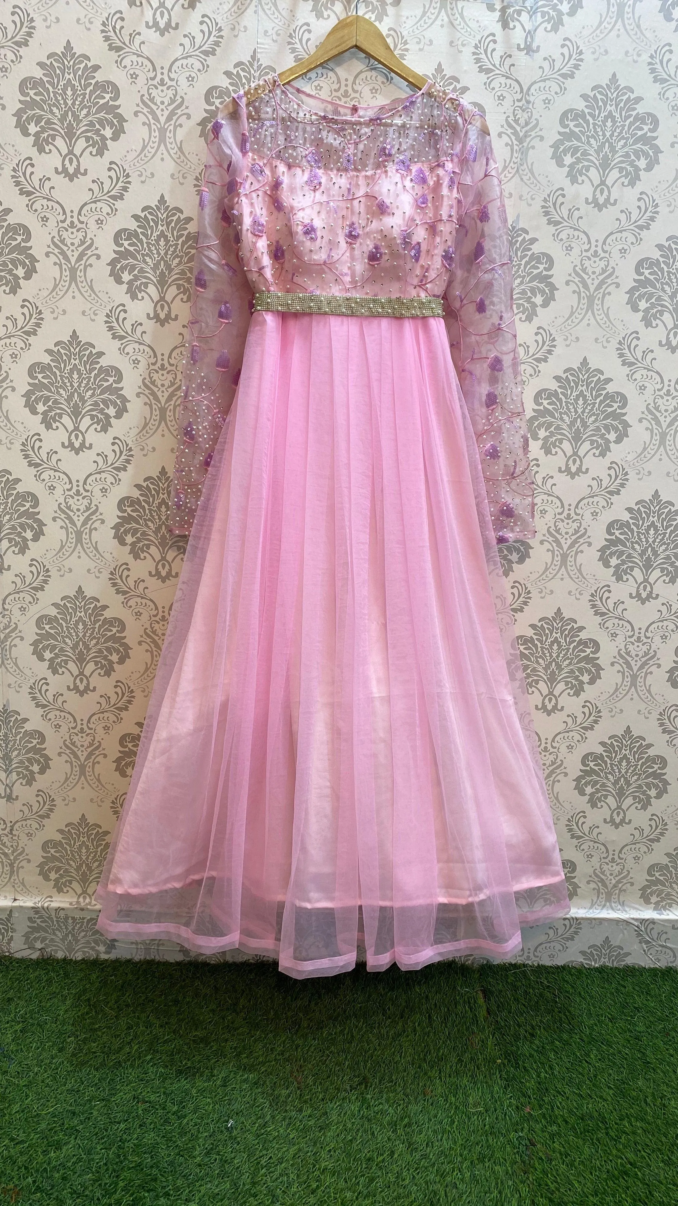 Baby Pink Embroidery Silk Party Wear Gown