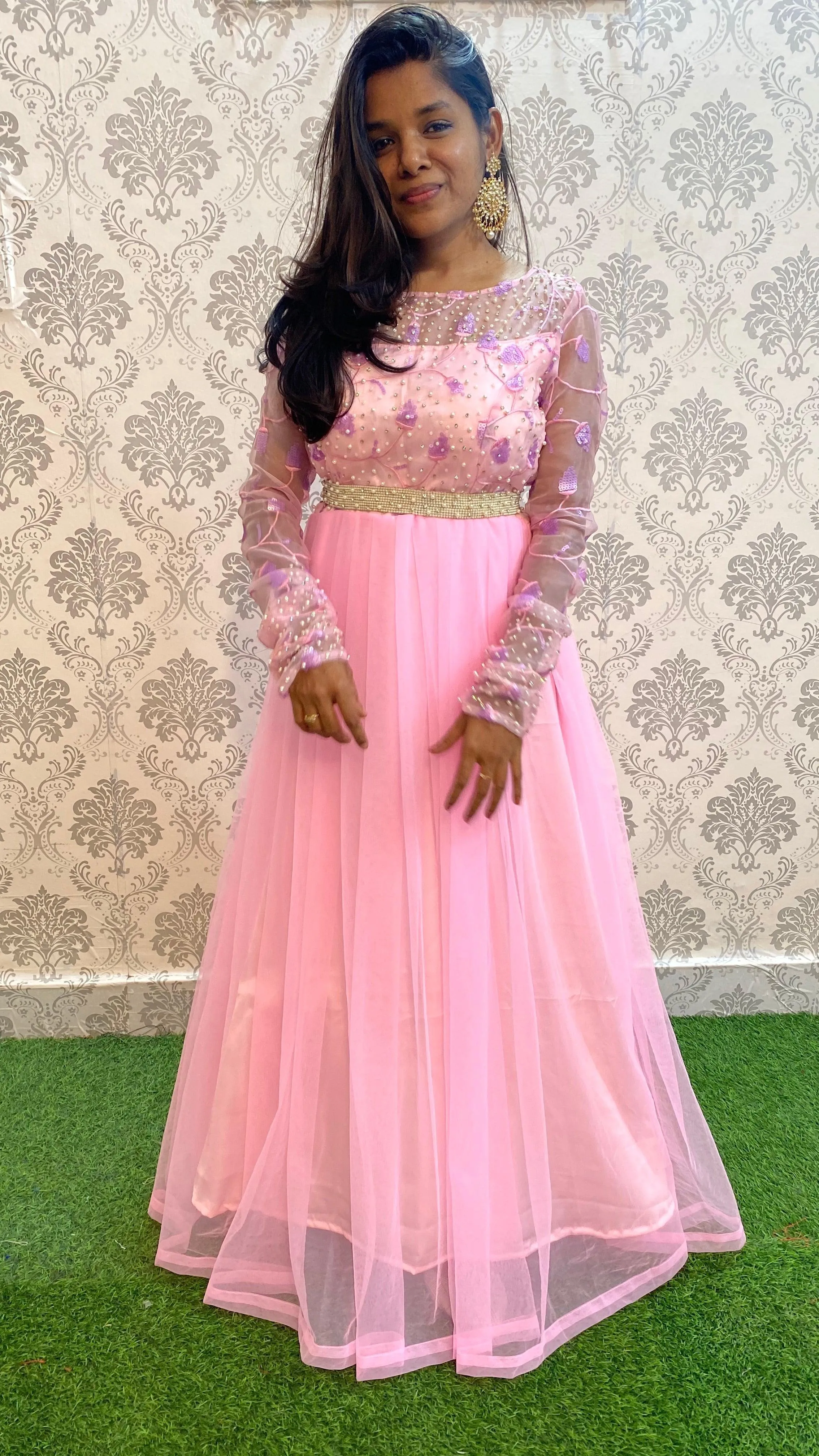 Baby Pink Embroidery Silk Party Wear Gown