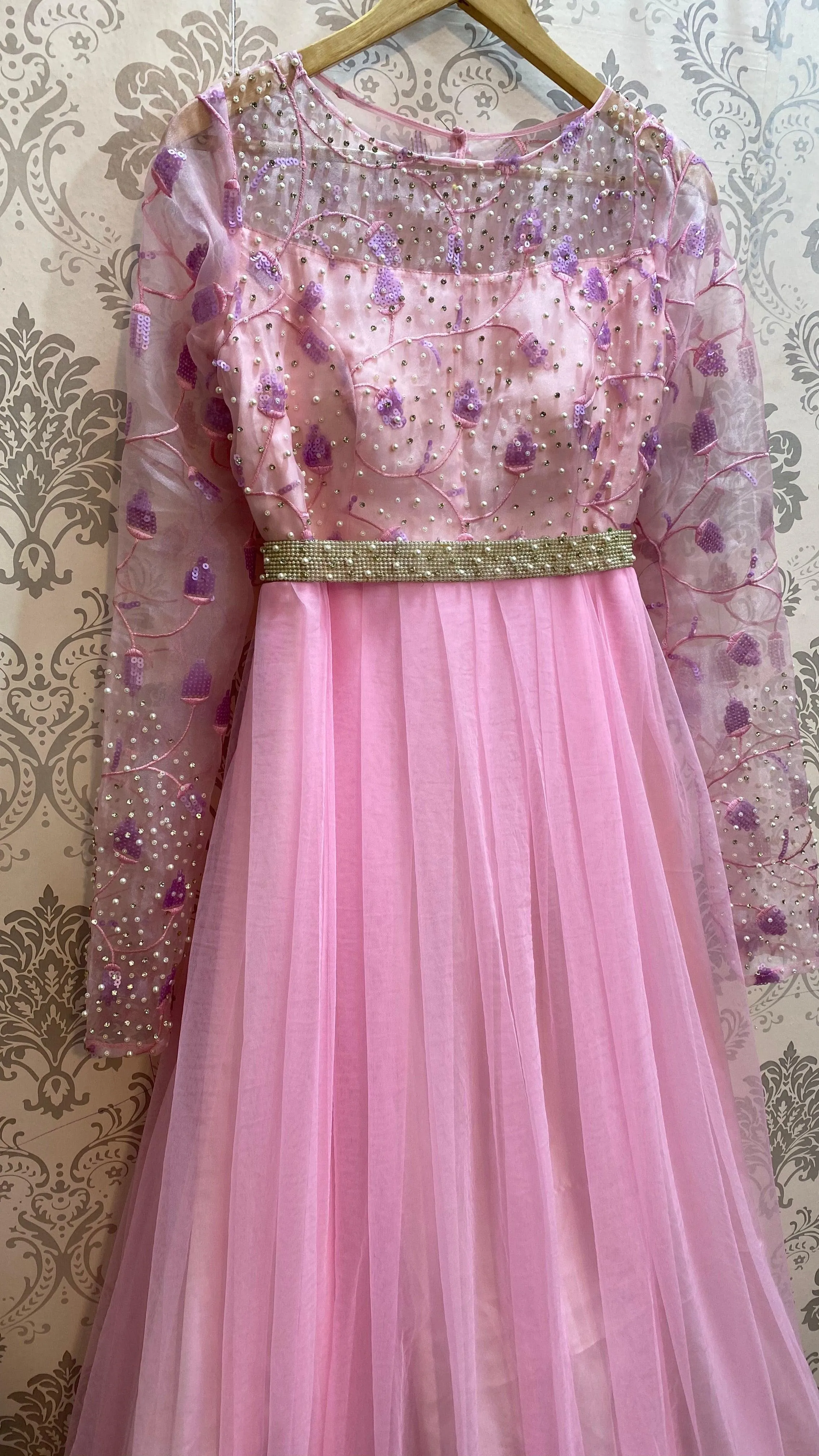 Baby Pink Embroidery Silk Party Wear Gown