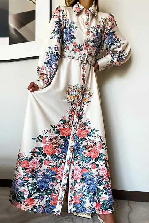 Baroque Floral Print Puff Sleeve Maxi Dress