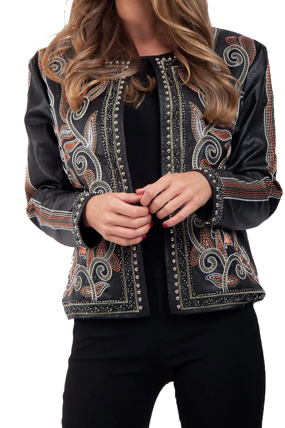 Black Embellished & Floral Embroidered Leather Look Blazer Jacket