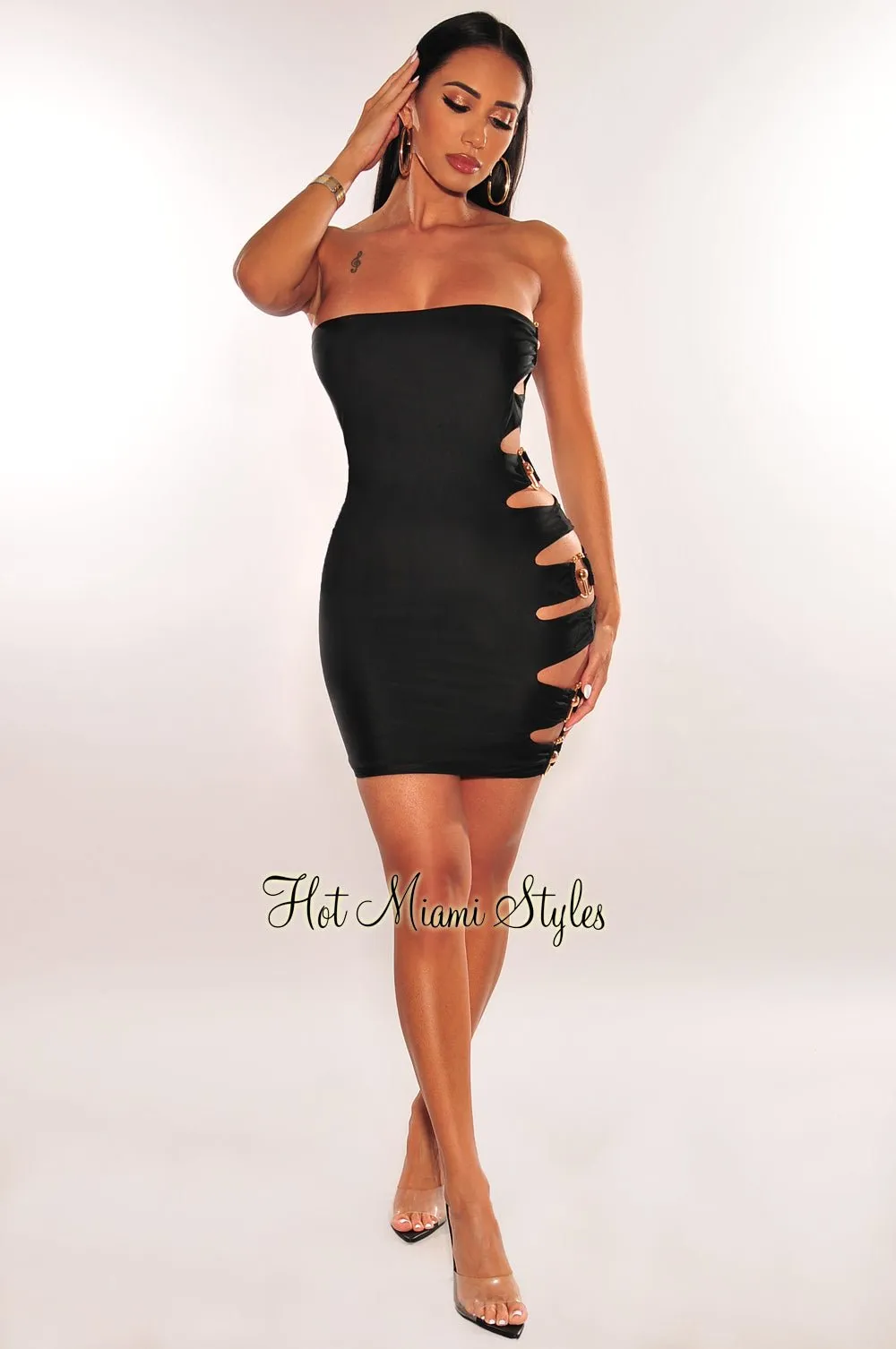 Black Gold Ring Strapless Cut Out Mini Dress