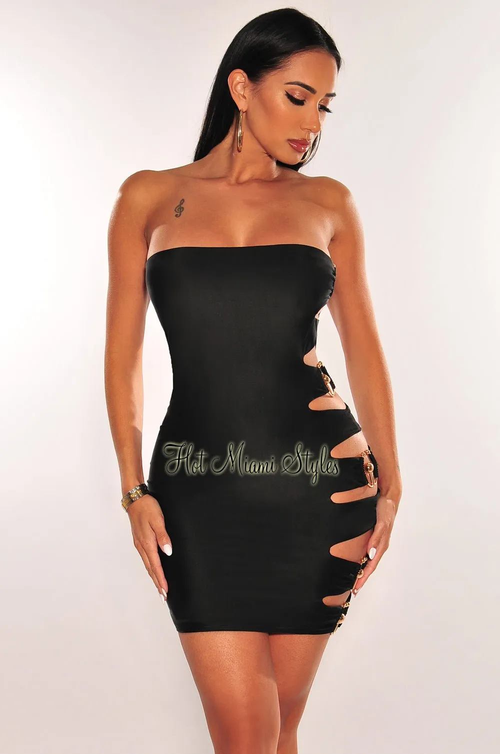 Black Gold Ring Strapless Cut Out Mini Dress