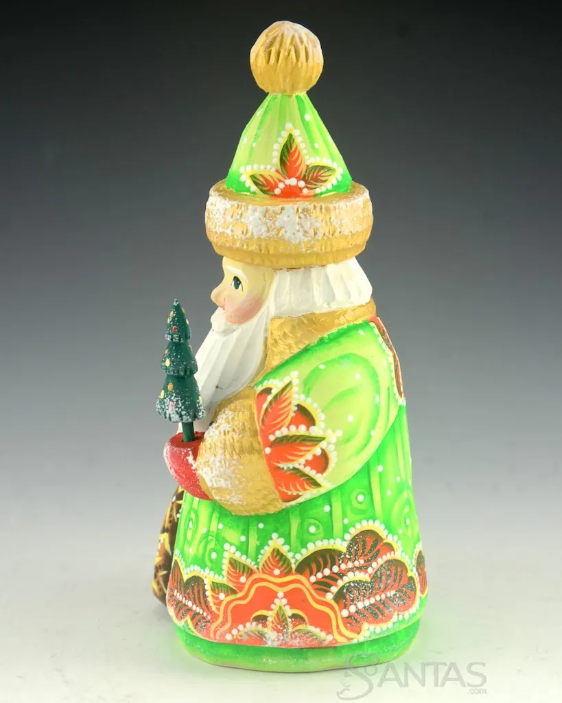 Bright Green Russian Santa with mini Tree 6 inches