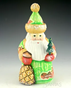 Bright Green Russian Santa with mini Tree 6 inches