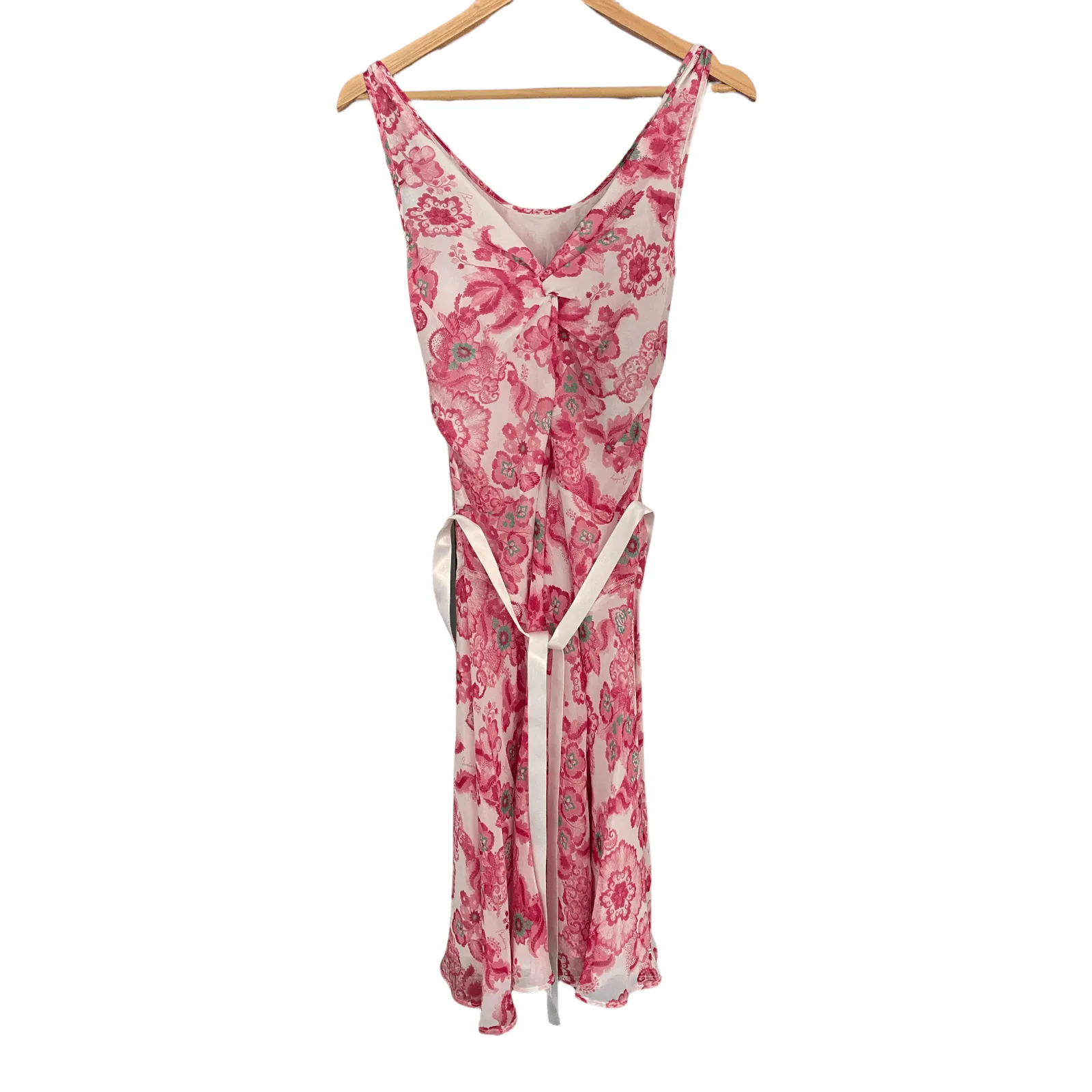 Burberry Pink Floral 100% Silk Summer Dress with Satin Belt Size 10