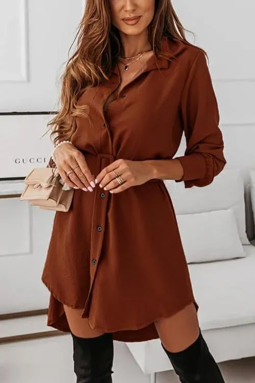 Button Long Sleeve Shirt Mini Dress With Belt