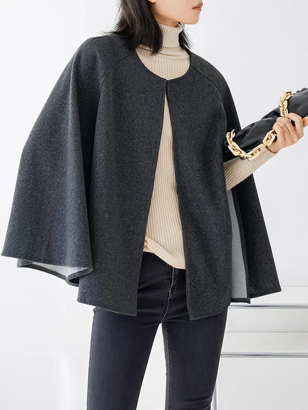 Casual Loose Solid Color Round-Neck Cape Outerwear