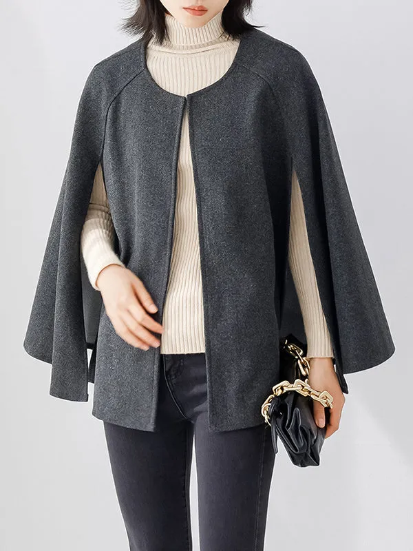 Casual Loose Solid Color Round-Neck Cape Outerwear