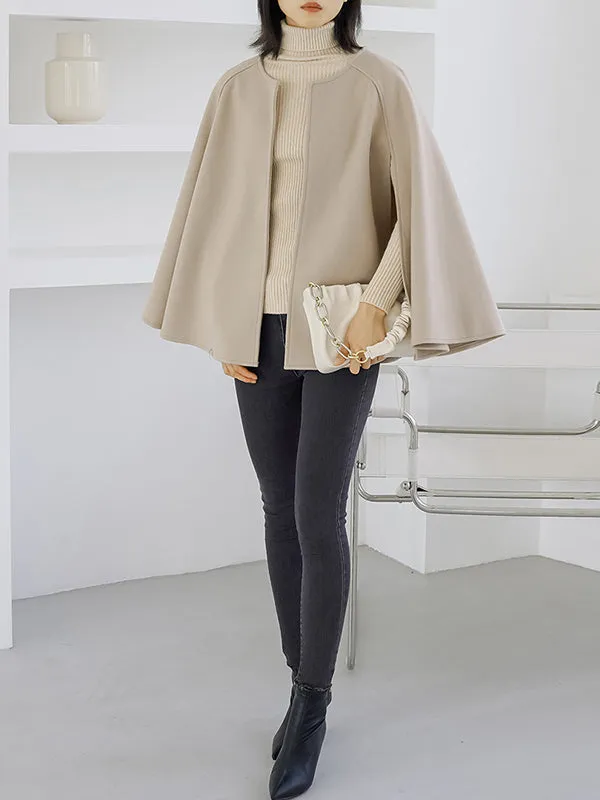 Casual Loose Solid Color Round-Neck Cape Outerwear