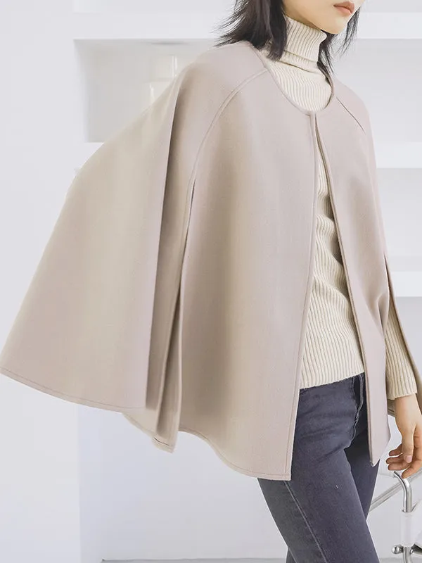 Casual Loose Solid Color Round-Neck Cape Outerwear