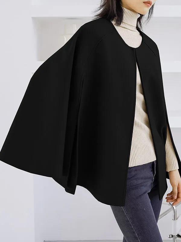 Casual Loose Solid Color Round-Neck Cape Outerwear