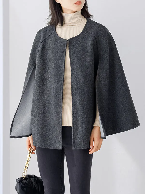 Casual Loose Solid Color Round-Neck Cape Outerwear