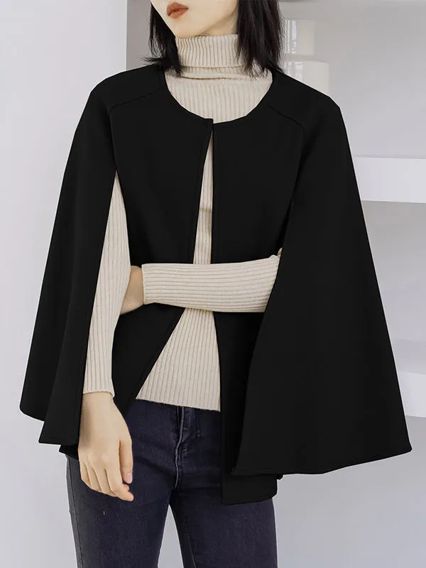 Casual Loose Solid Color Round-Neck Cape Outerwear