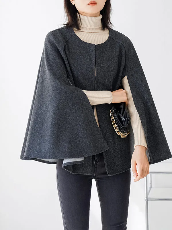 Casual Loose Solid Color Round-Neck Cape Outerwear