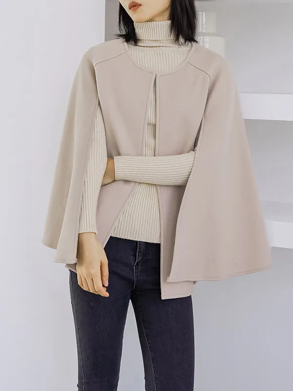 Casual Loose Solid Color Round-Neck Cape Outerwear