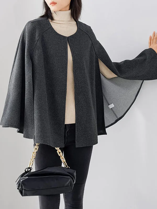 Casual Loose Solid Color Round-Neck Cape Outerwear