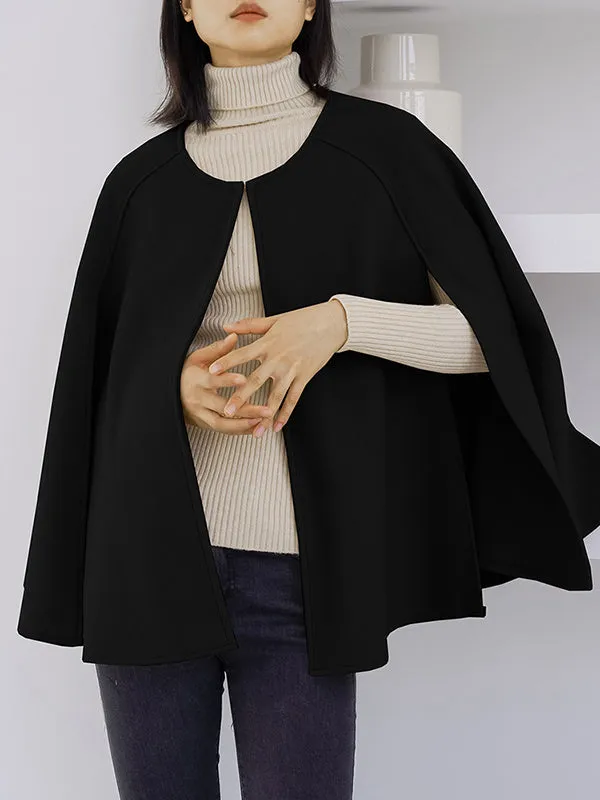 Casual Loose Solid Color Round-Neck Cape Outerwear