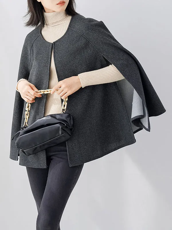 Casual Loose Solid Color Round-Neck Cape Outerwear