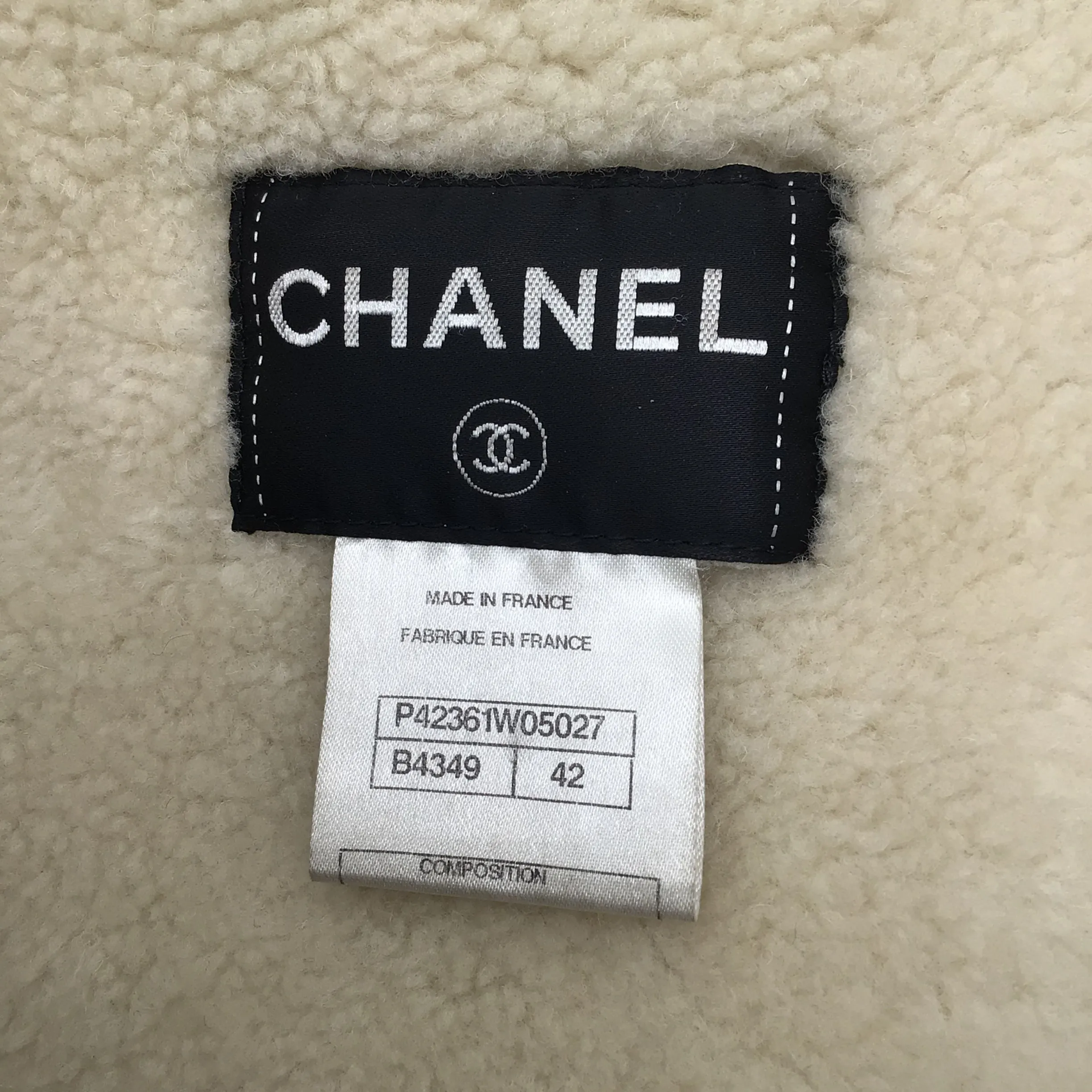 Chanel Beige / Black Calfskin Leather Trimmed Shearling Toggle Coat