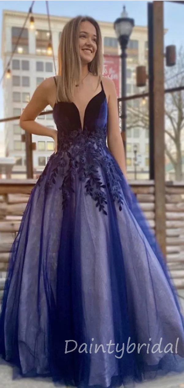 Charming V-neck Tulle A-line Long Prom Dresses Evening Dresses.DB10353