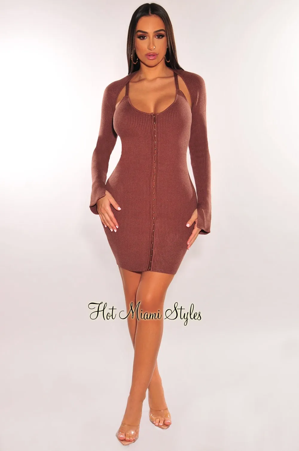 Chocolate Ribbed Knit Spaghetti Straps Mini Dress   Shrug Jacket