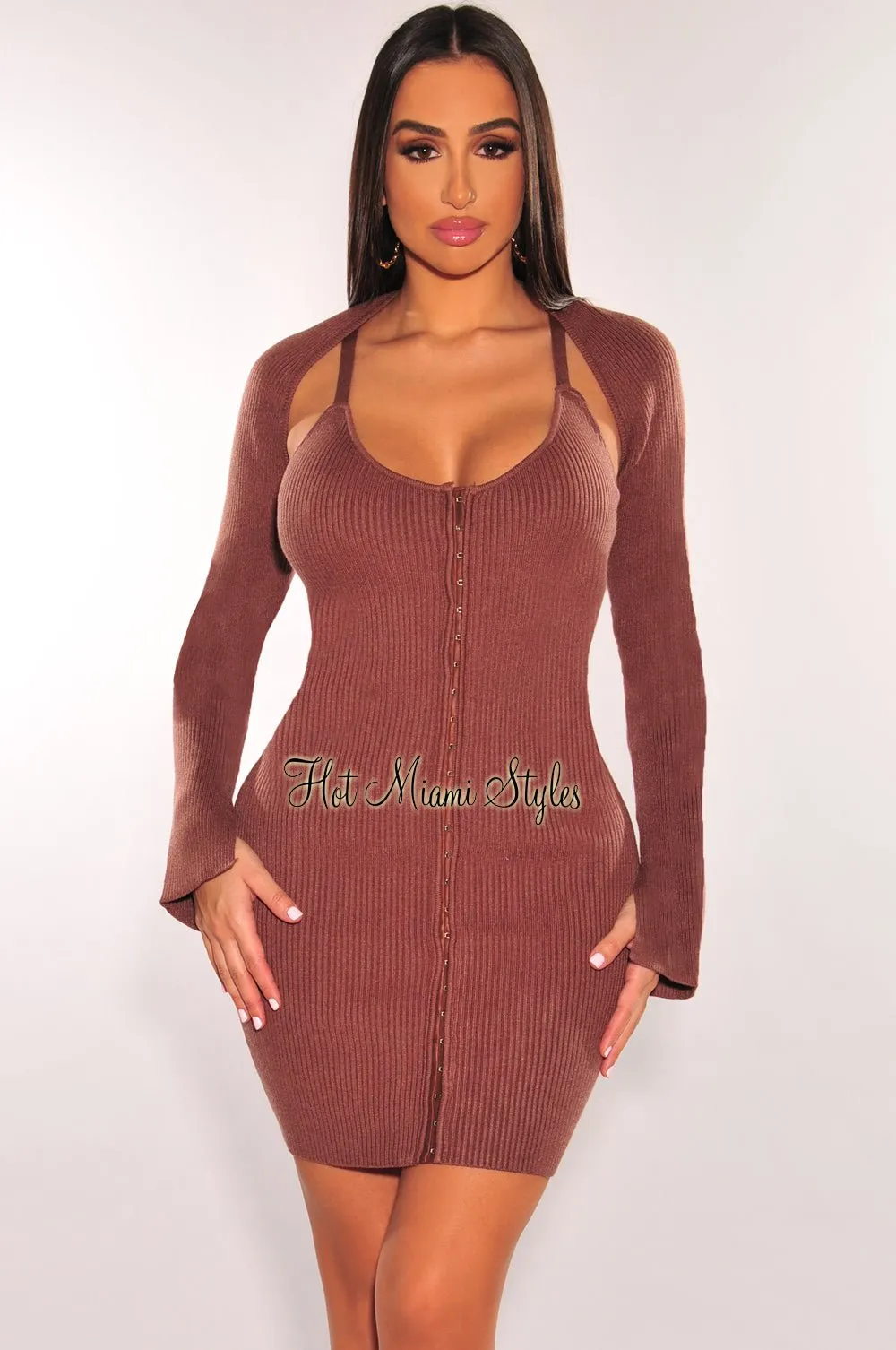 Chocolate Ribbed Knit Spaghetti Straps Mini Dress   Shrug Jacket