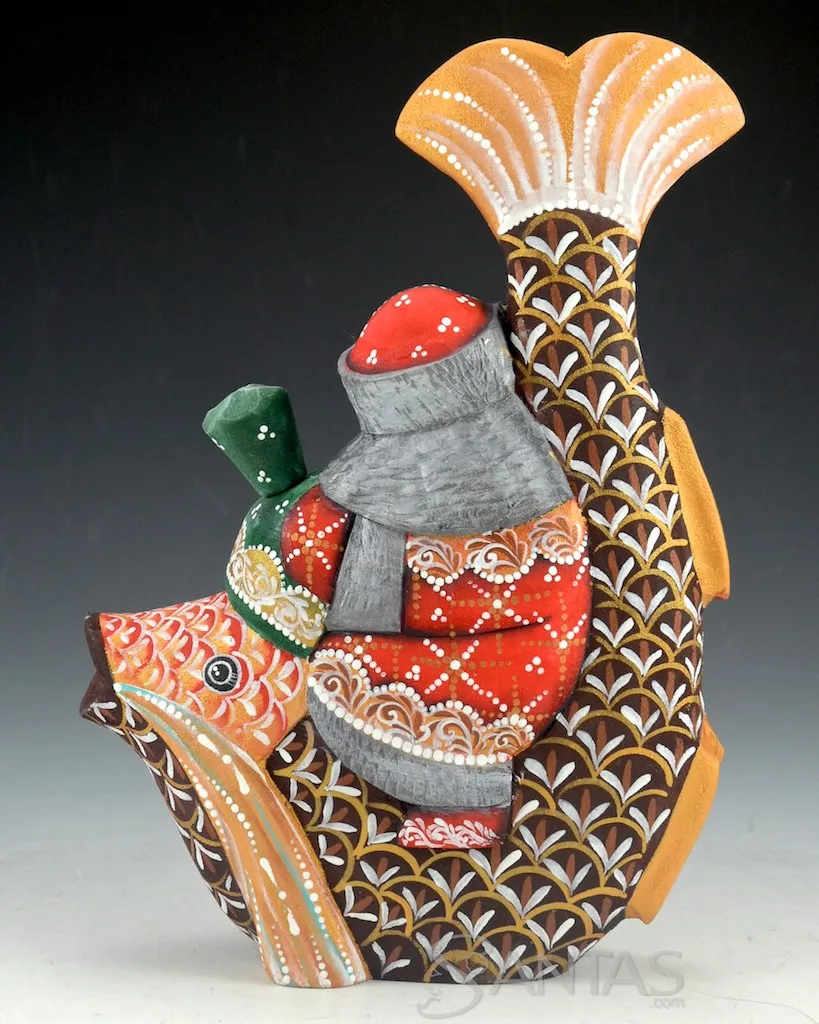 Christmas Fish Russian Santa carving with Toy Bag 8 inch