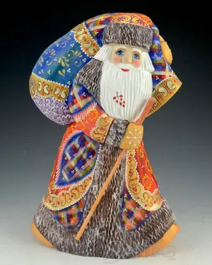 Colorful Russian Santa Carving Walking with Staff and Large Tobago 10.5 inch