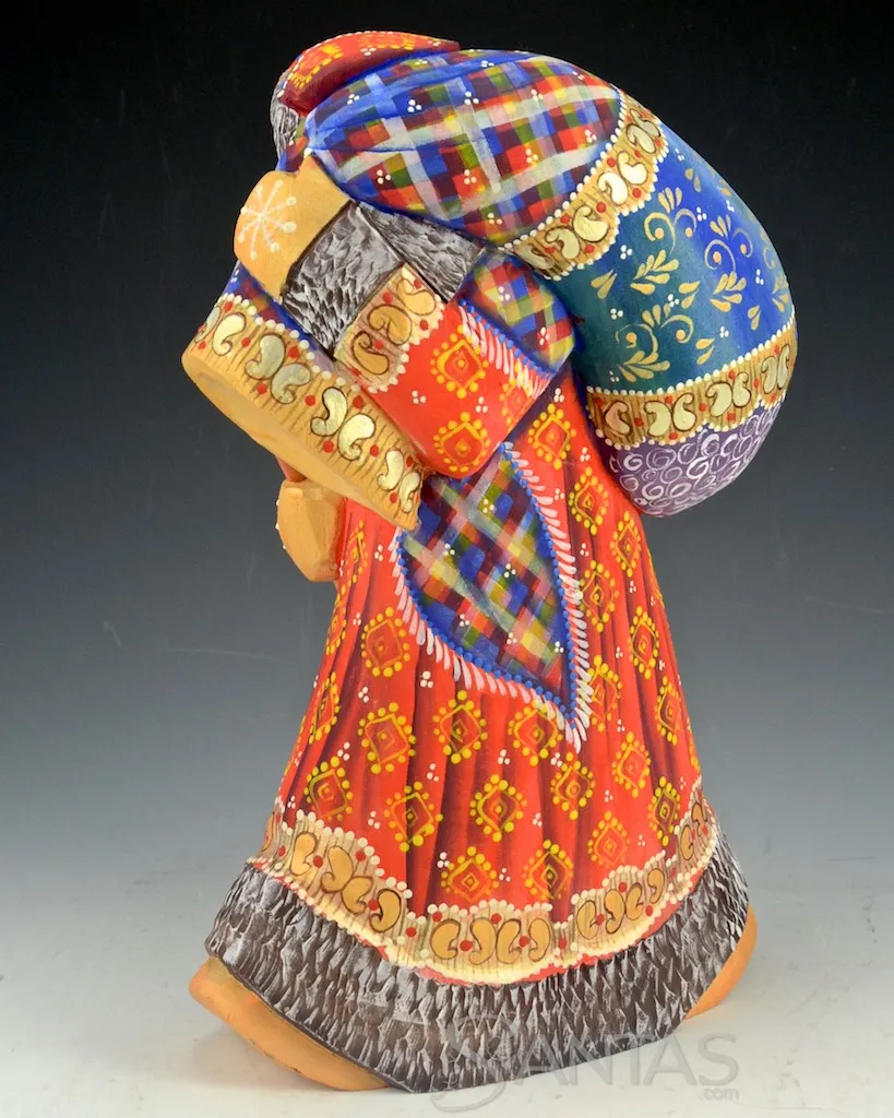 Colorful Russian Santa Carving Walking with Staff and Large Tobago 10.5 inch