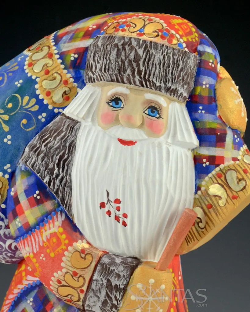 Colorful Russian Santa Carving Walking with Staff and Large Tobago 10.5 inch