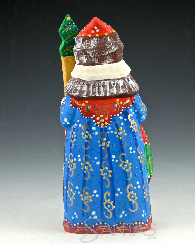 Colorful Russian Santa Carving with staff and Toy Bag 6 inch