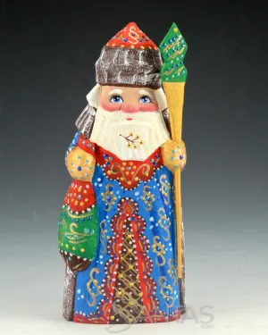 Colorful Russian Santa Carving with staff and Toy Bag 6 inch