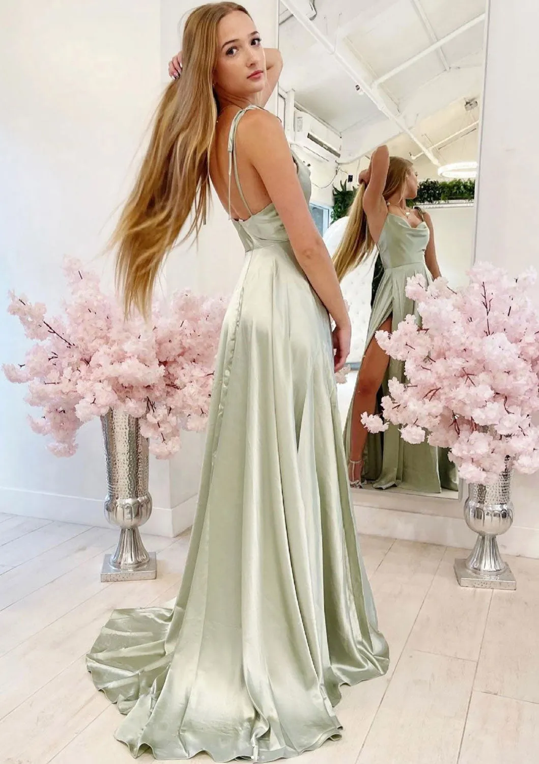 Elegant A-line Spaghetti Straps Side Slit Sage Evening Prom Dresses, OL021