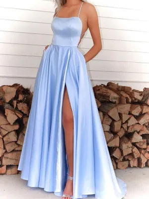 Elegant Blue Spaghetti Straps SIde Slit Prom Dress, OL563