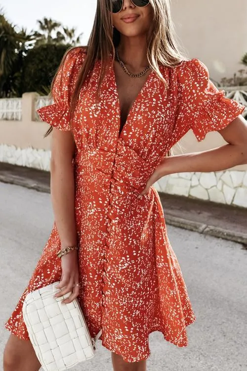 Floral Print Button Puff Sleeve Mini Dress