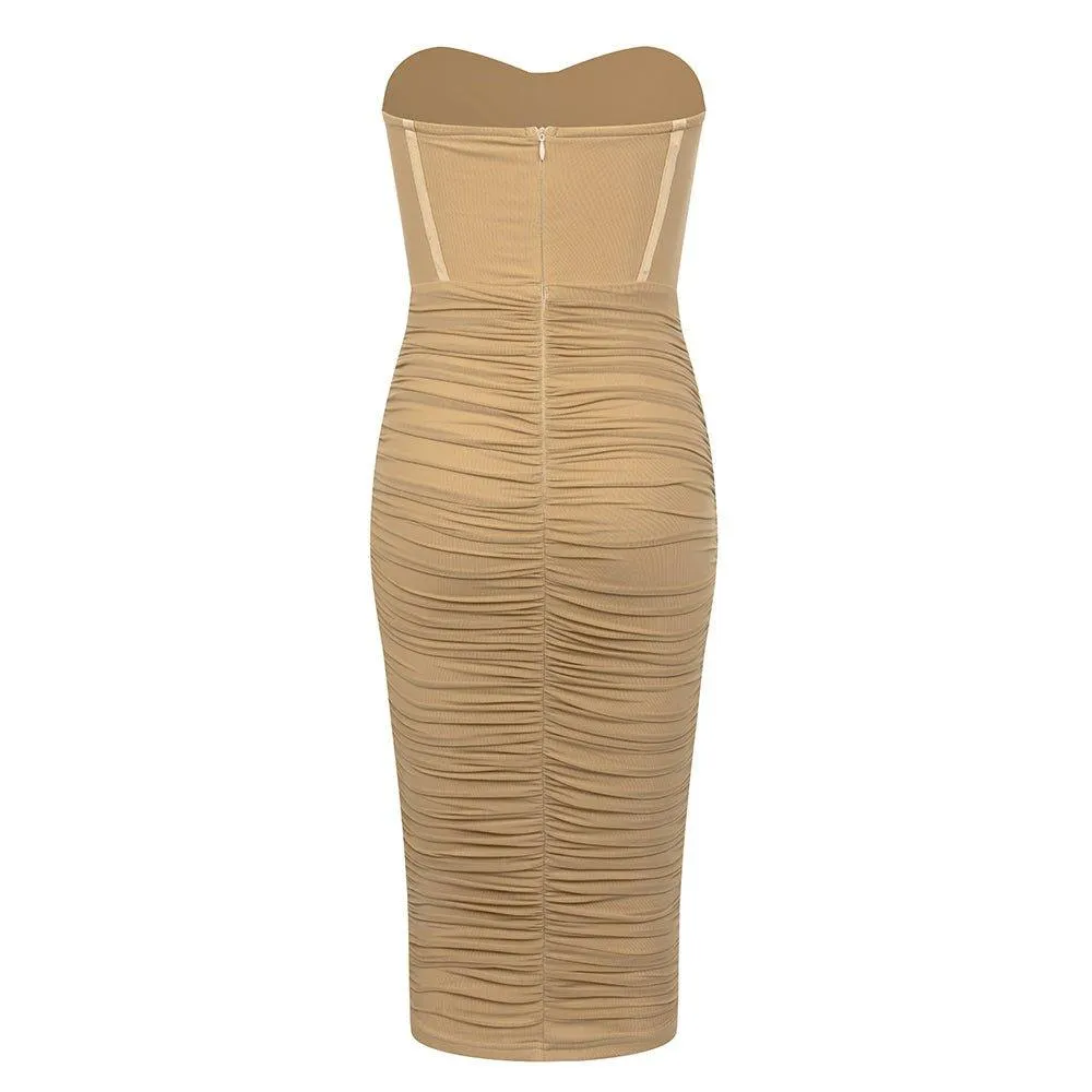 GFIT® Strapless Sleeveless Wrinkled Midi Bodycon Dress