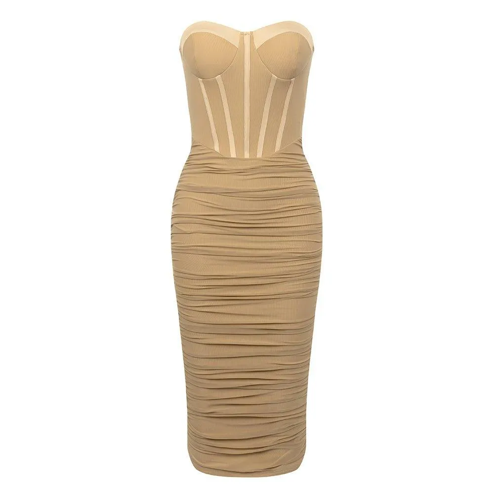 GFIT® Strapless Sleeveless Wrinkled Midi Bodycon Dress