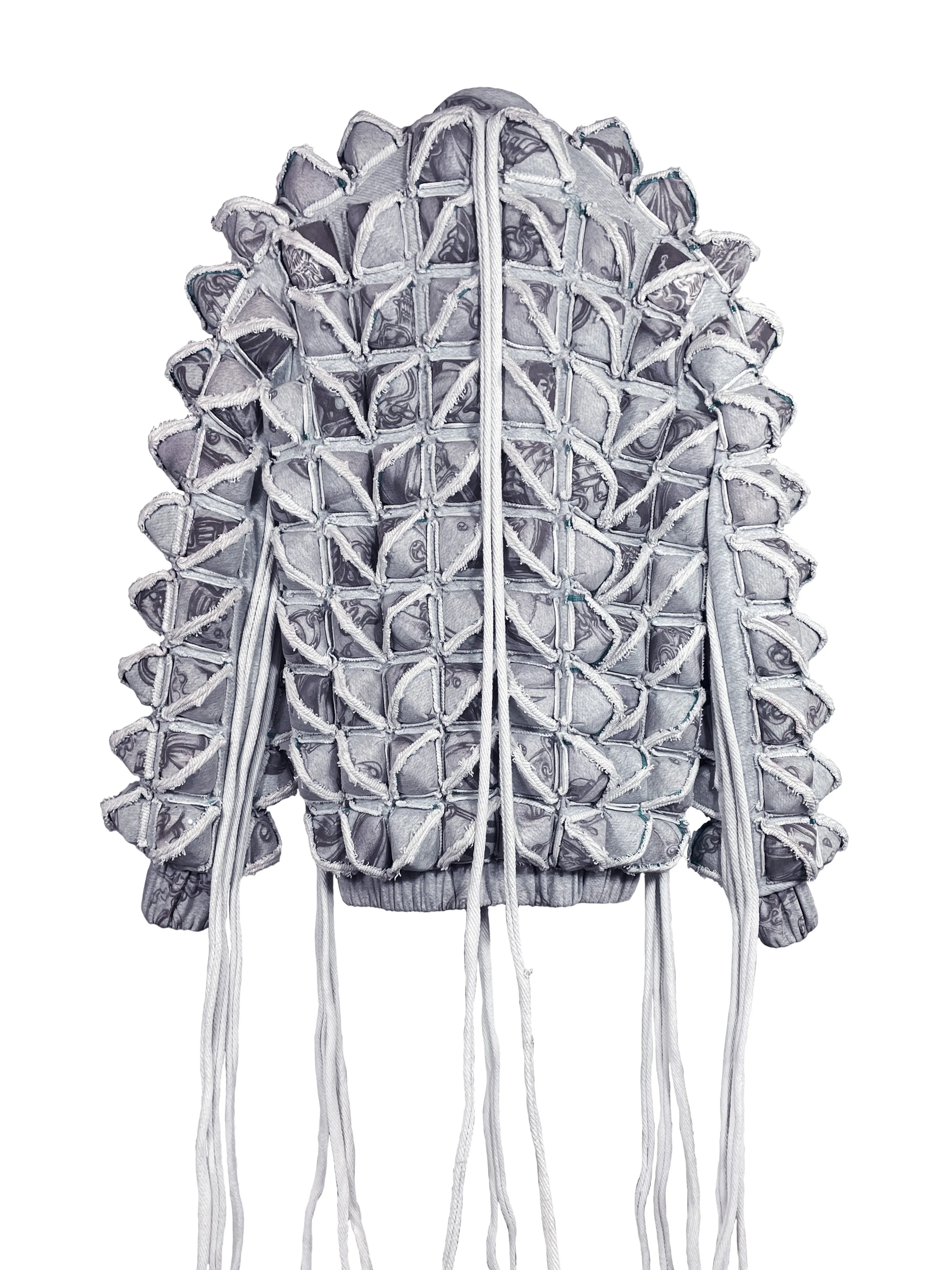 GRAPHIC SPIKED DEFENCE COAT WITH FRINGING