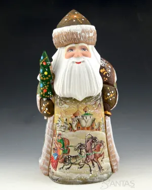 Green and Brown Scenic Russian Santa with Tree and Toy Bag