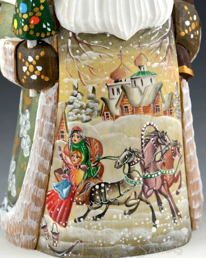 Green and Brown Scenic Russian Santa with Tree and Toy Bag