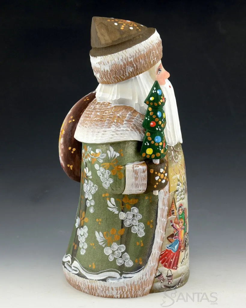 Green and Brown Scenic Russian Santa with Tree and Toy Bag