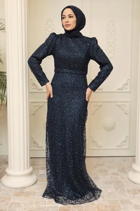 Midnight Sequin Puff Sleeves Mermaid Gown - Clearance