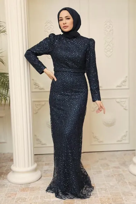 Midnight Sequin Puff Sleeves Mermaid Gown - Clearance