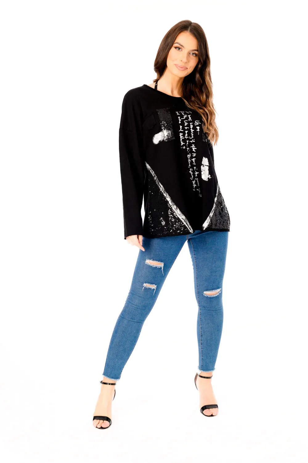 Oversized Patchwork Jersey Jumper with Sequin